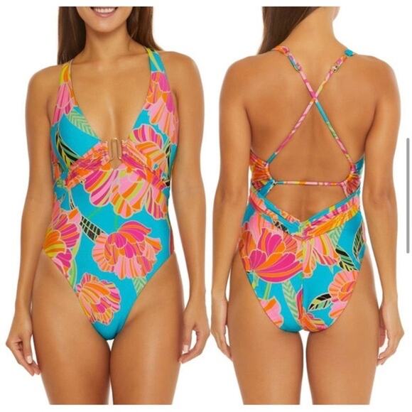 Trina Turk Poppy Blue Floral Print Plunge V-Neck One Piece Swimsuit Size 6 - Picture 3 of 12